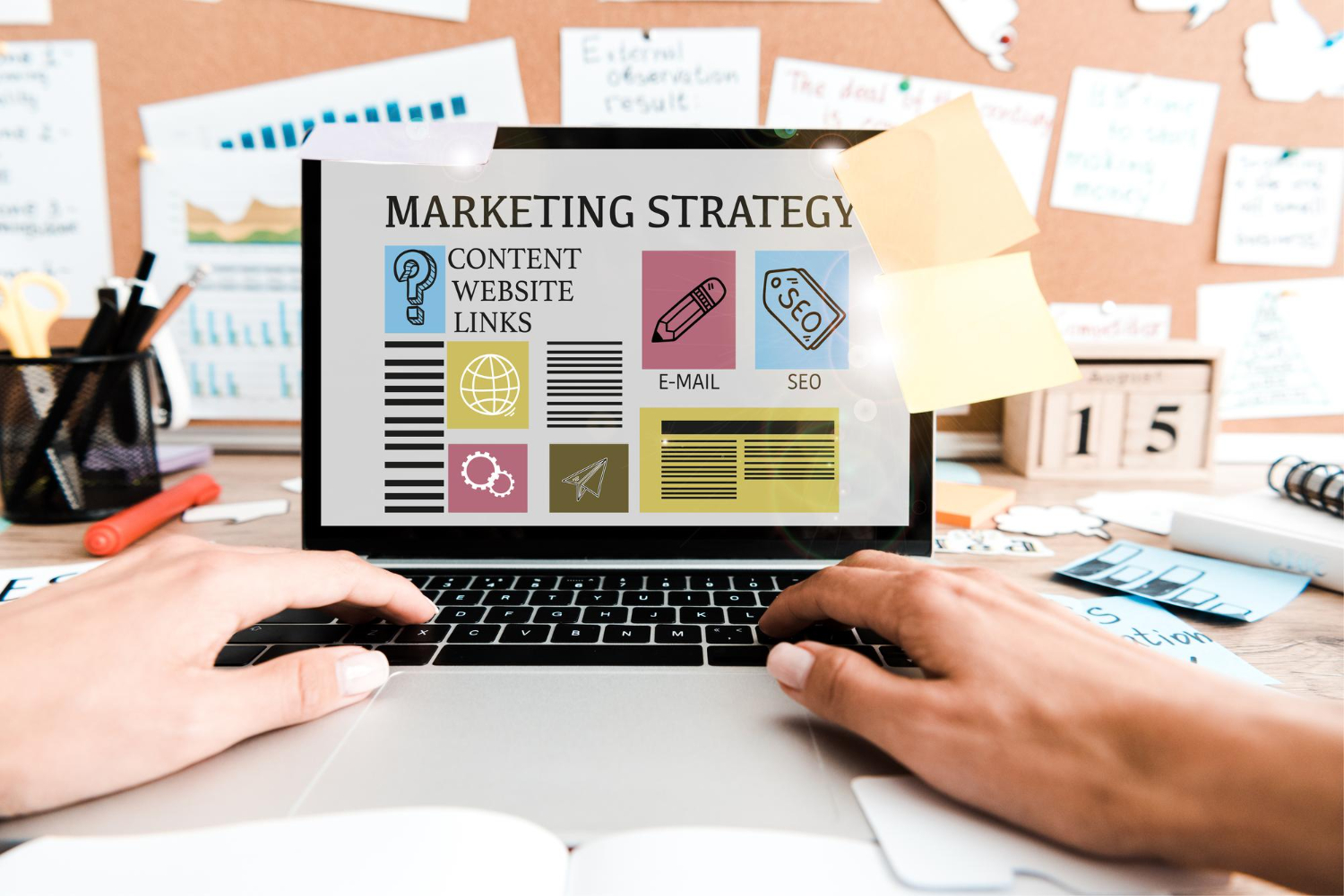 A visual representation of a marketing strategy tailored for small businesses, showcasing key tactics and tools for growth.